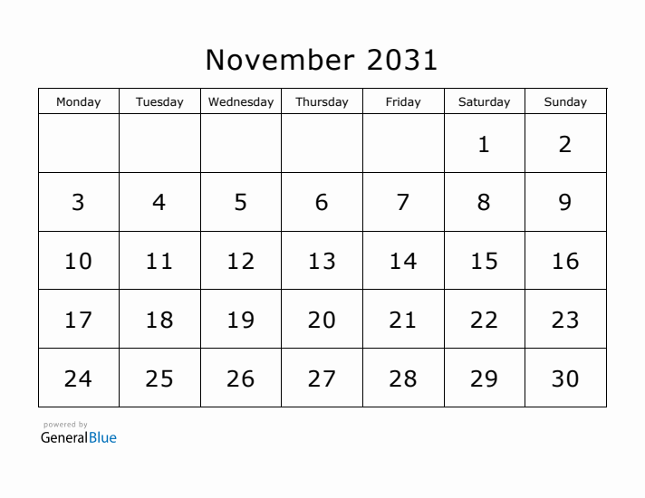 Printable November 2031 Calendar - Monday Start