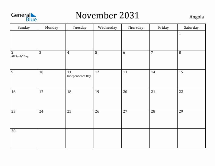 November 2031 Calendar Angola