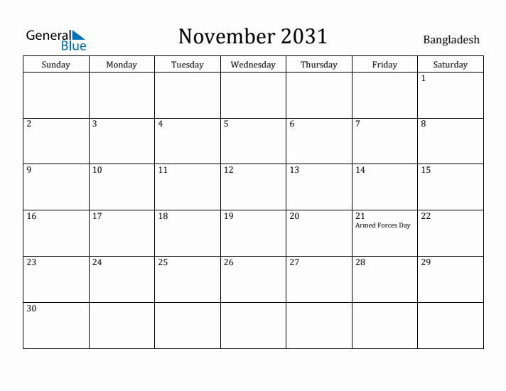 November 2031 Calendar Bangladesh