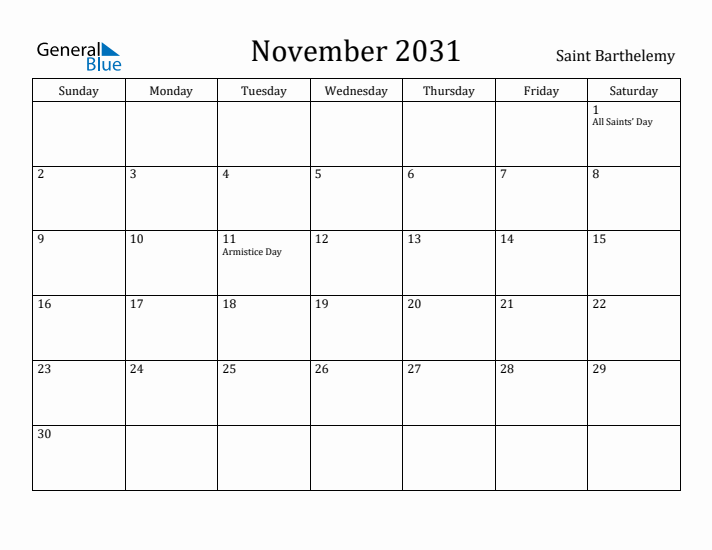November 2031 Calendar Saint Barthelemy