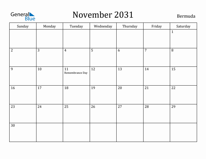 November 2031 Calendar Bermuda