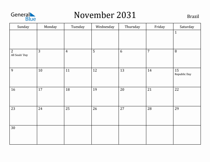 November 2031 Calendar Brazil