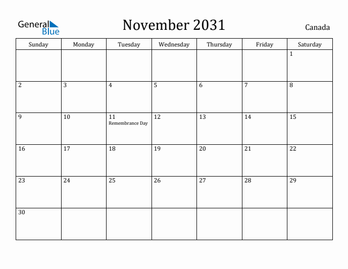 November 2031 Calendar Canada