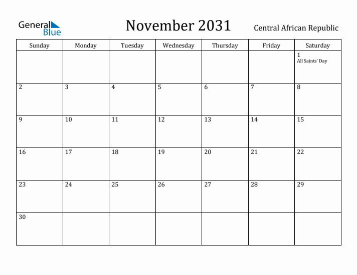 November 2031 Calendar Central African Republic