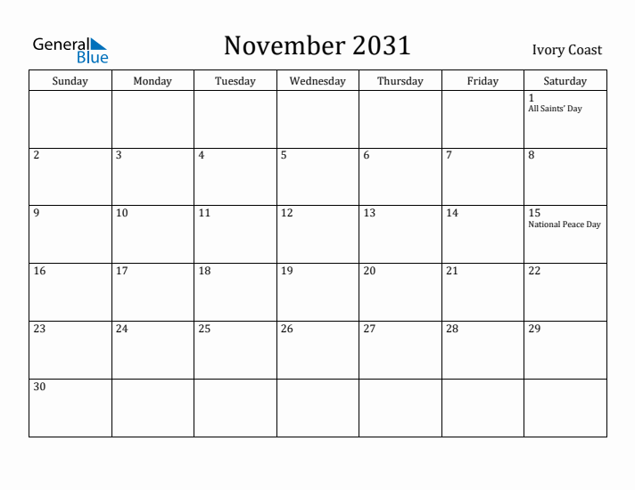 November 2031 Calendar Ivory Coast
