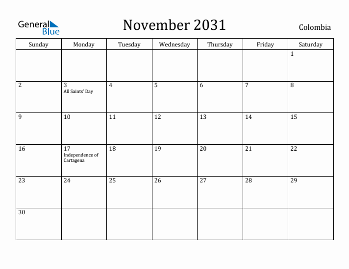 November 2031 Calendar Colombia