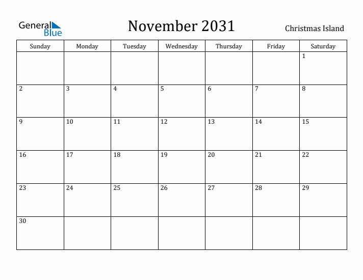 November 2031 Calendar Christmas Island