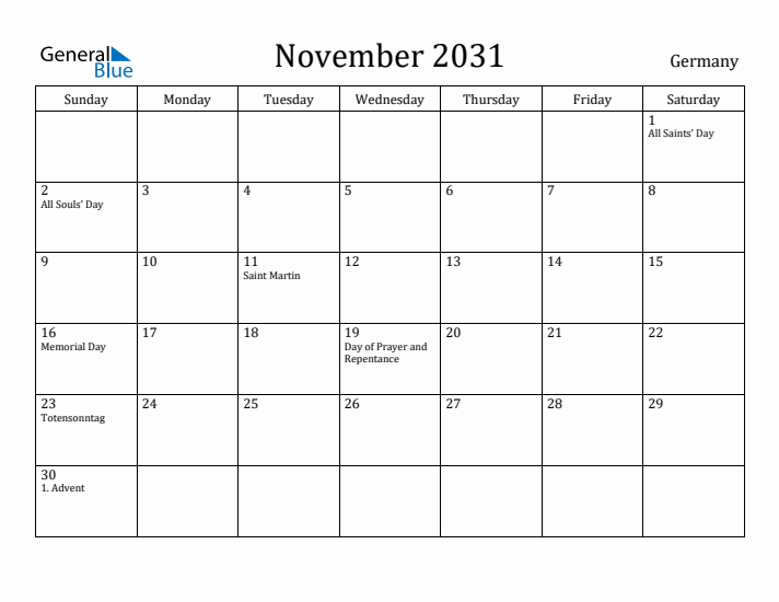 November 2031 Calendar Germany