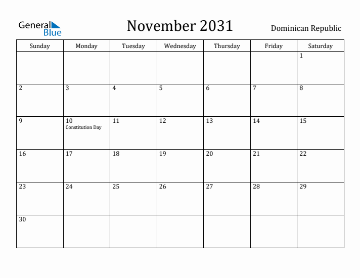 November 2031 Calendar Dominican Republic