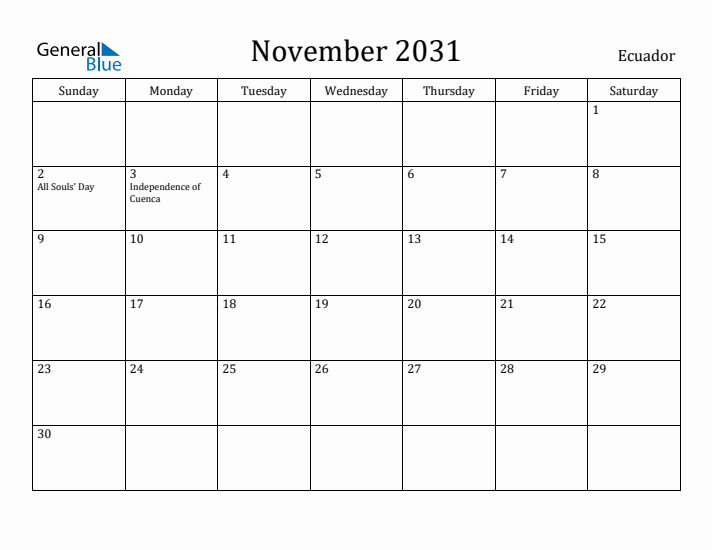 November 2031 Calendar Ecuador