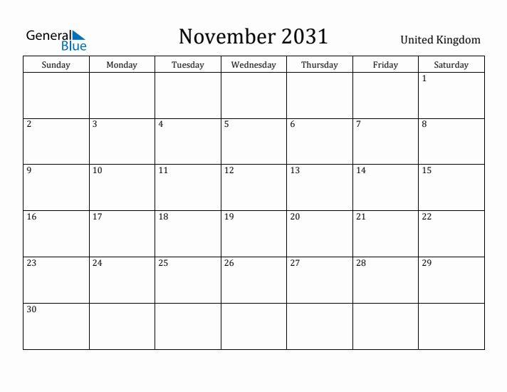 November 2031 Calendar United Kingdom