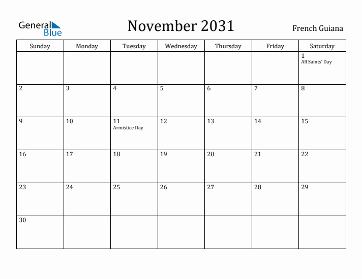 November 2031 Calendar French Guiana