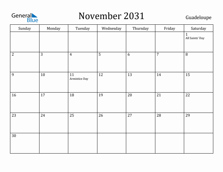 November 2031 Calendar Guadeloupe