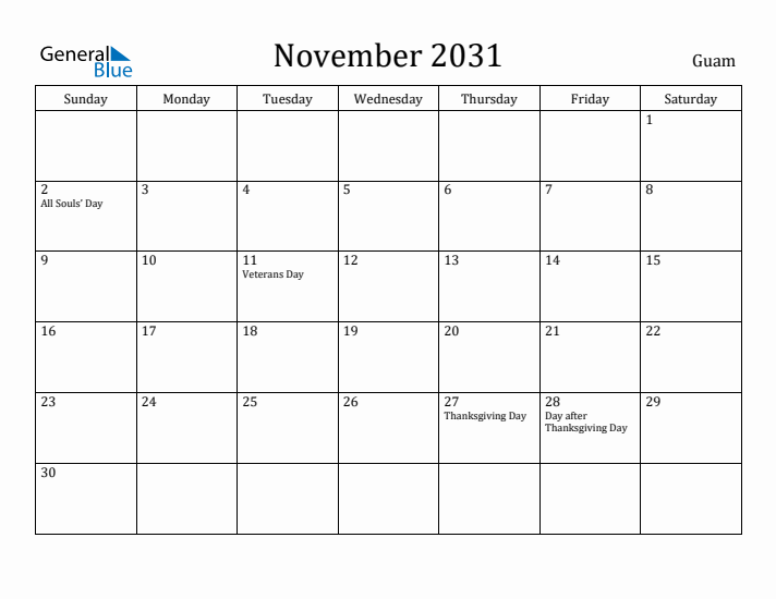November 2031 Calendar Guam