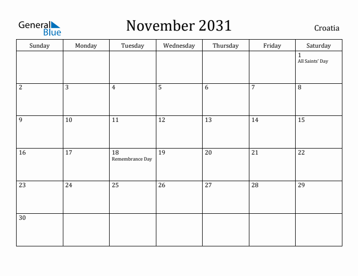 November 2031 Calendar Croatia