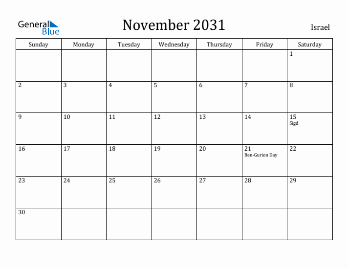 November 2031 Calendar Israel