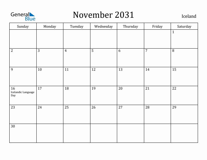 November 2031 Calendar Iceland