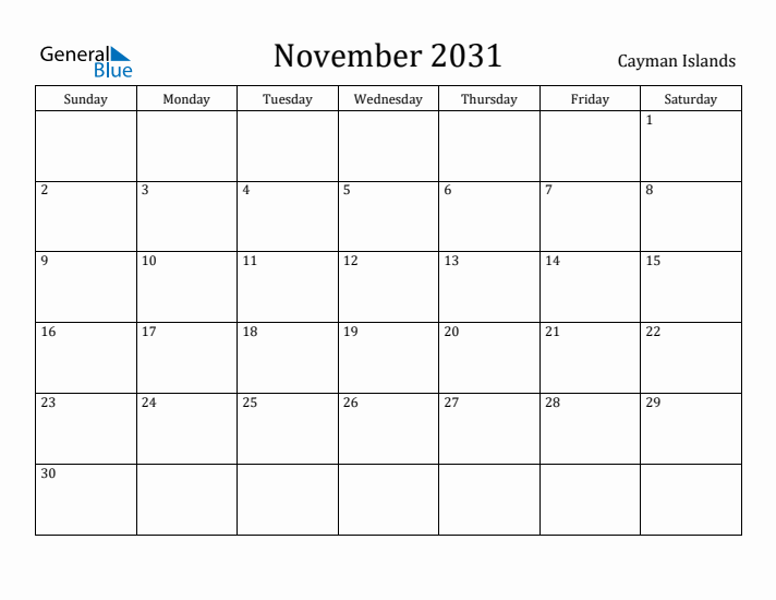 November 2031 Calendar Cayman Islands