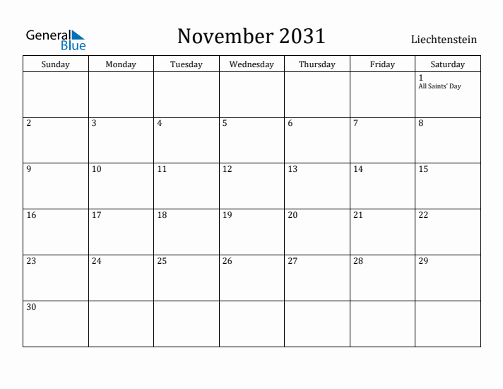 November 2031 Calendar Liechtenstein