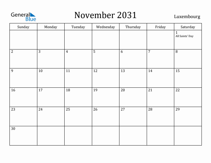 November 2031 Calendar Luxembourg