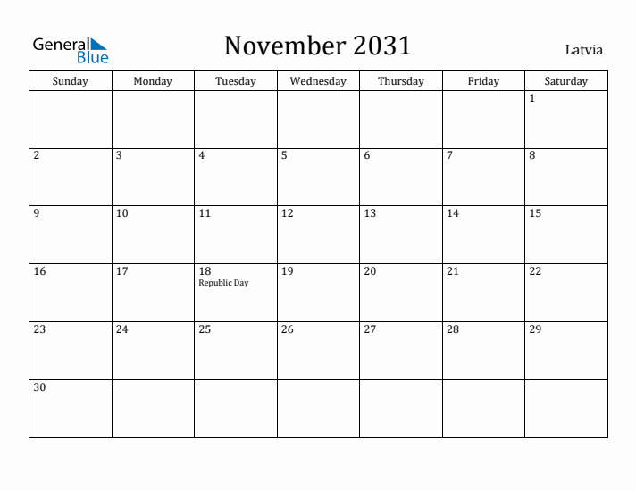 November 2031 Calendar Latvia