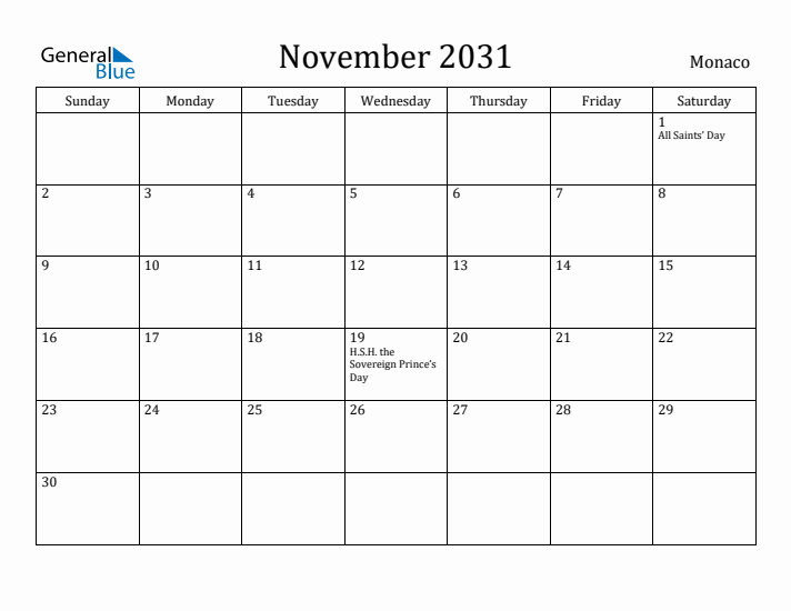 November 2031 Calendar Monaco