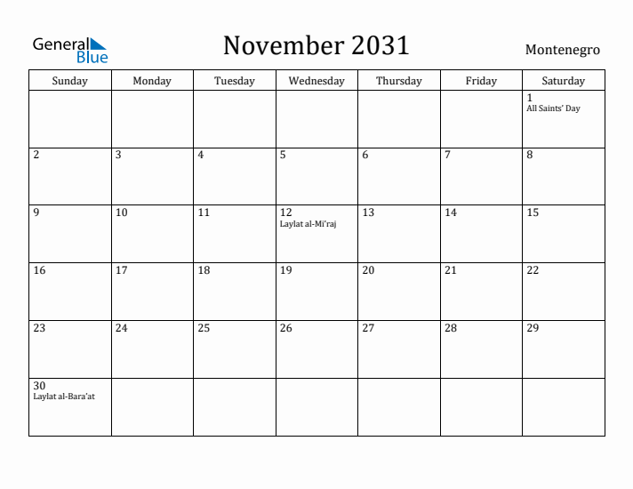 November 2031 Calendar Montenegro