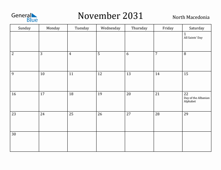 November 2031 Calendar North Macedonia