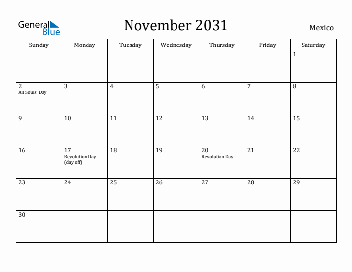 November 2031 Calendar Mexico