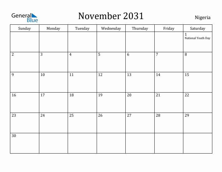 November 2031 Calendar Nigeria