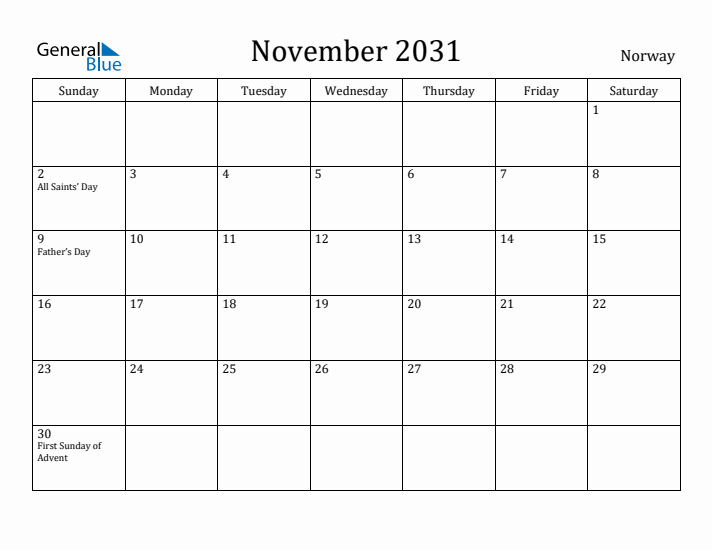 November 2031 Calendar Norway