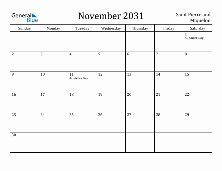 November 2031 Calendar Saint Pierre and Miquelon