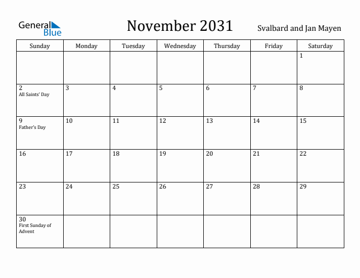 November 2031 Calendar Svalbard and Jan Mayen