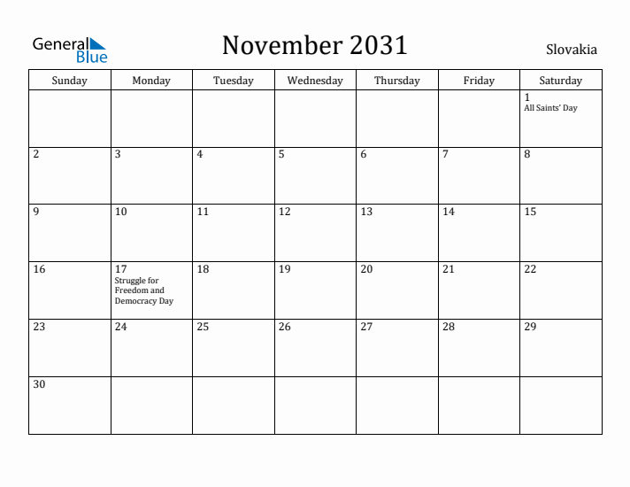 November 2031 Calendar Slovakia
