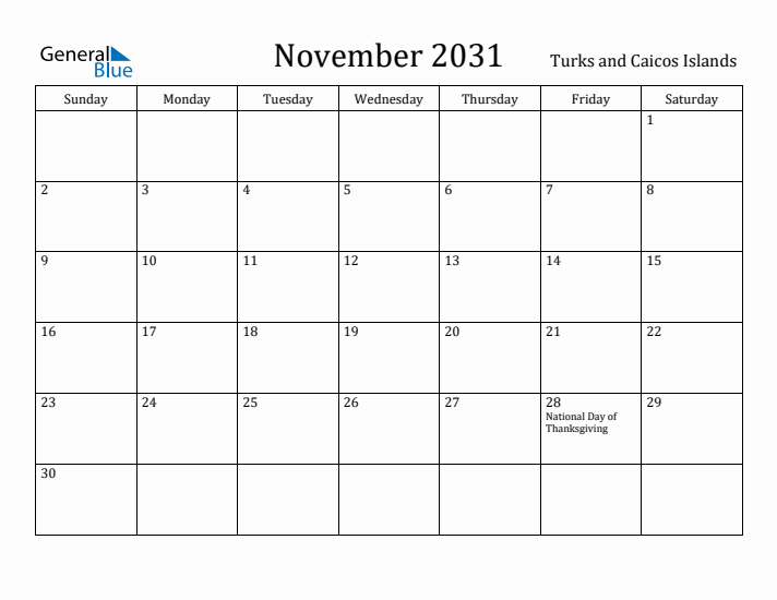November 2031 Calendar Turks and Caicos Islands