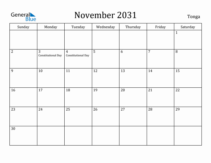November 2031 Calendar Tonga