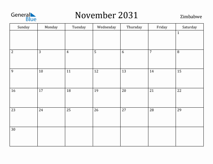 November 2031 Calendar Zimbabwe