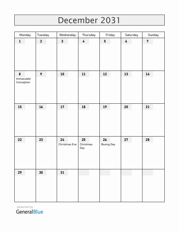 Andorra December 2031 Calendar with Holidays