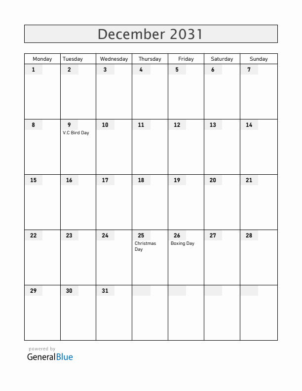 Antigua and Barbuda December 2031 Calendar with Holidays