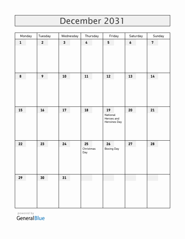 Anguilla December 2031 Calendar with Holidays