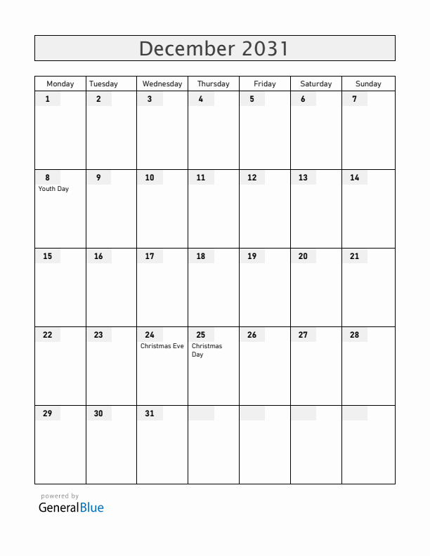 Albania December 2031 Calendar with Holidays