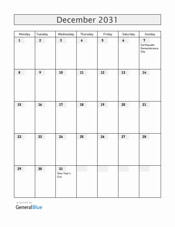 Armenia December 2031 Calendar with Holidays