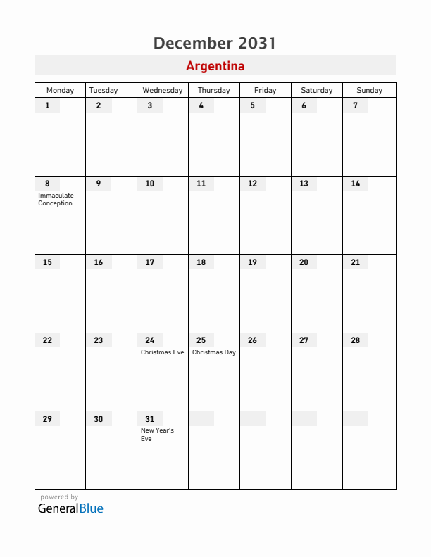 Argentina December 2031 Calendar with Holidays