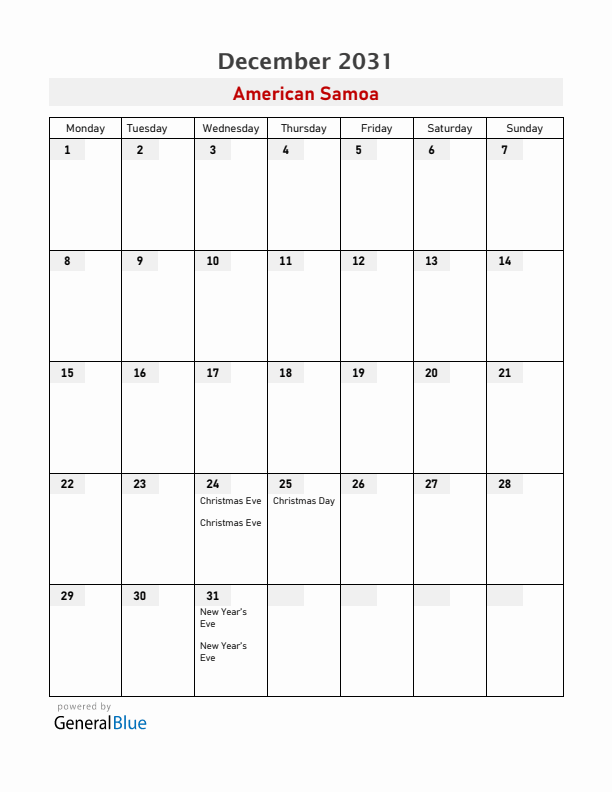 American Samoa December 2031 Calendar with Holidays