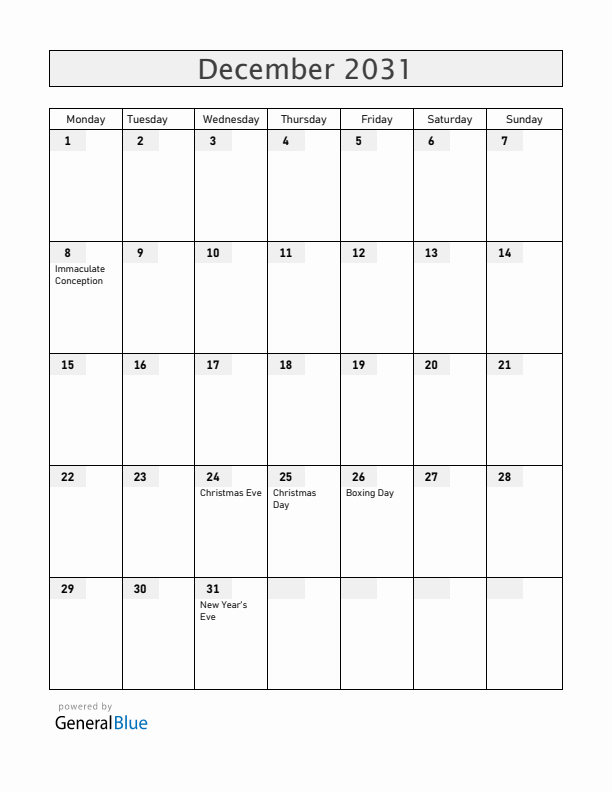 Austria December 2031 Calendar with Holidays