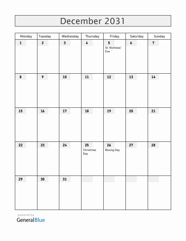 Aruba December 2031 Calendar with Holidays