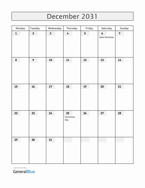 Belgium December 2031 Calendar with Holidays