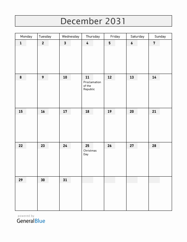 Burkina Faso December 2031 Calendar with Holidays