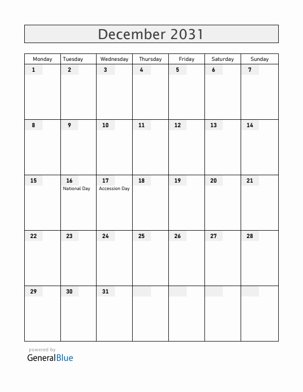 Bahrain December 2031 Calendar with Holidays