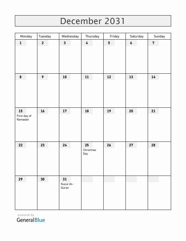 Brunei December 2031 Calendar with Holidays